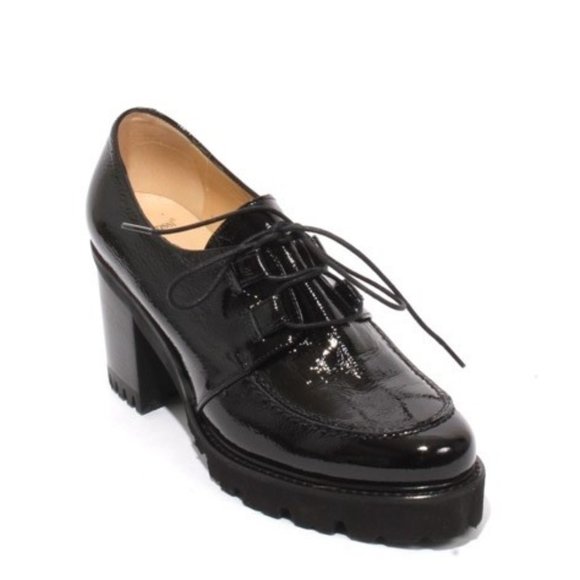 ITALIAN Black Patent Leather Lace Up Heel Shoes - Picture 1 of 8